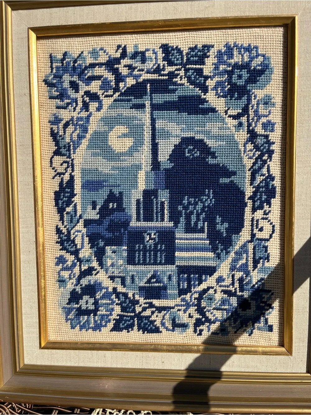 Vintage Gold Framed Blue and White Needlepoint Village Scene